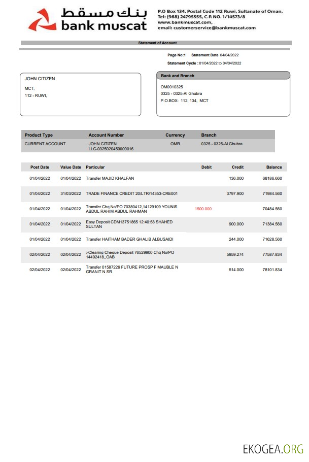 Relevé bancaire d'Oman Bank Muscat
